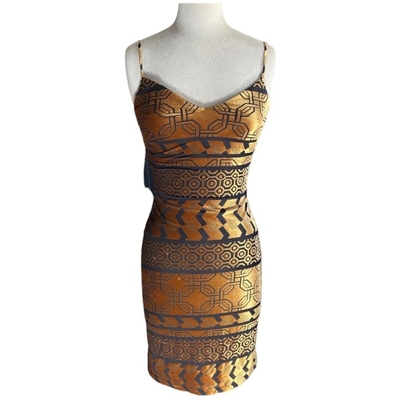 NWT NICHOLE MILLER BLACK/BRONZE VELVET BURNOUT AZTEC PRINT SPAGHETTI STRAP DRESS - Picture 7 of 16